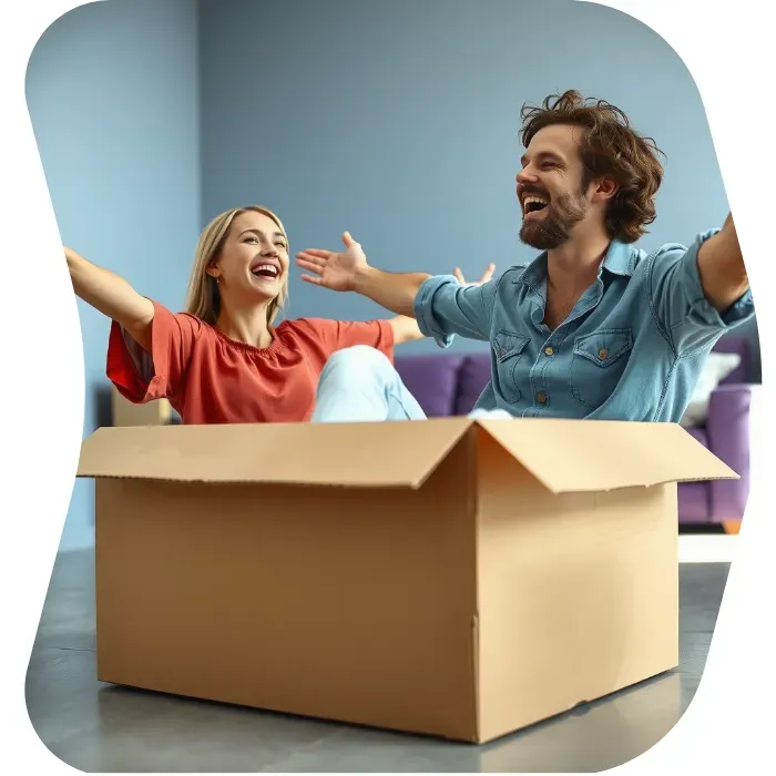 Two guys sitting on the floor of their apartment with Muval moving boxes